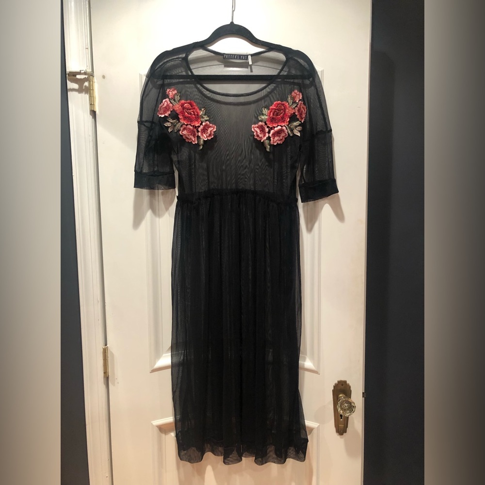 Sheer Long Black Dress with Floral Embroidery